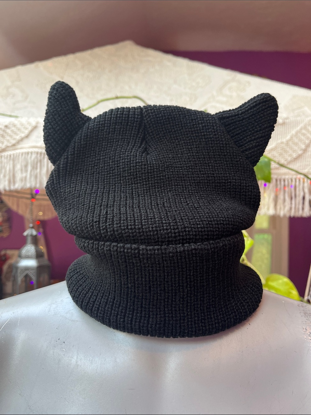 Devil horns black knit beanie